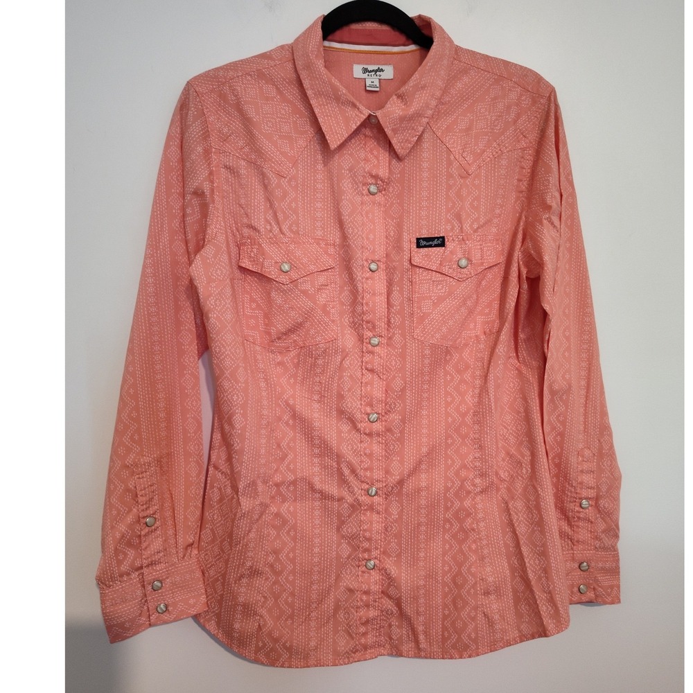 Wrangler Retro Womens Coral Pink Geometric Western Pearl Snap Shirt Medium